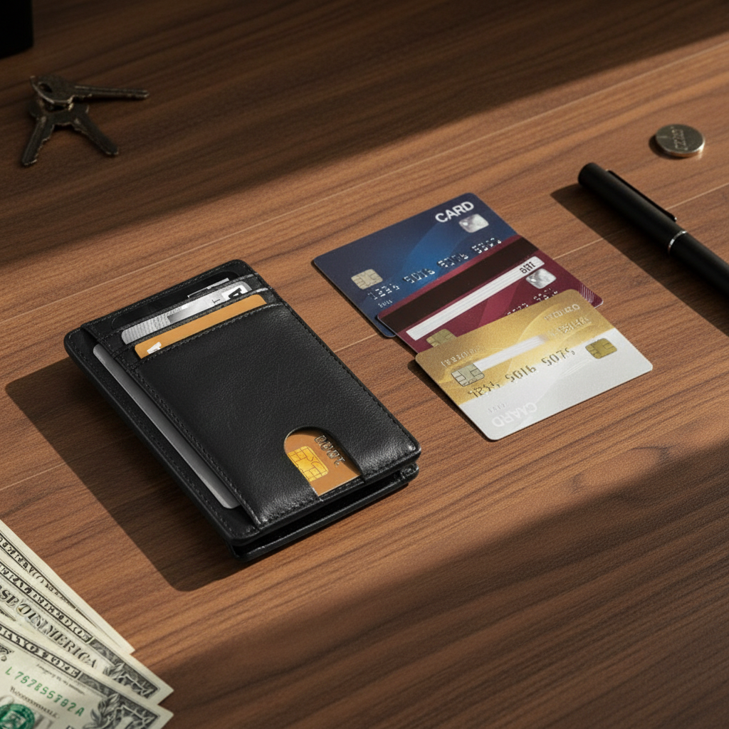 Black leather slim wallet with cards and cash, RFID card shown