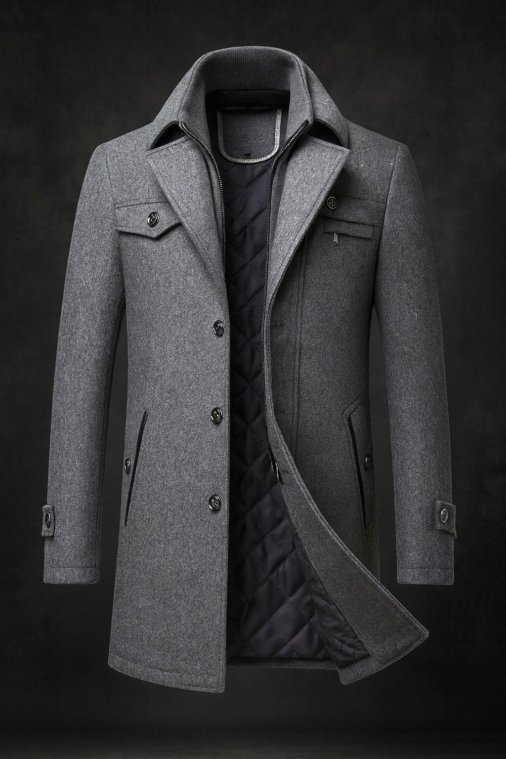 Textured collar winter coat, gray color view