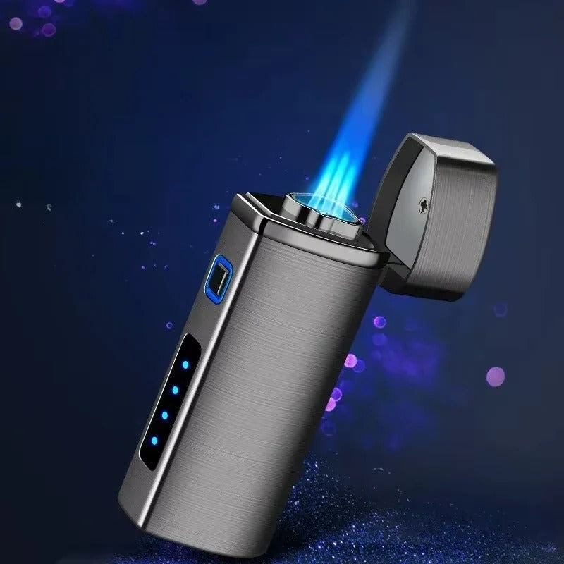 Rechargeable triple jet flame lighter, brushed metal finish with blue flame and side indicator lights.