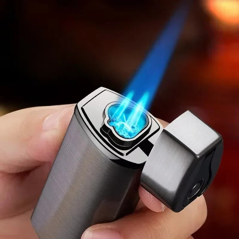 Rechargeable triple jet flame lighter, brushed metal body with blue flame from top nozzle.