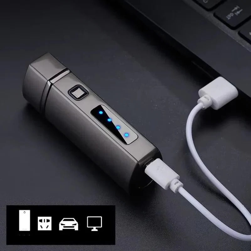 Rechargeable triple jet flame lighter, metal body charging via white cable with blue indicator lights.