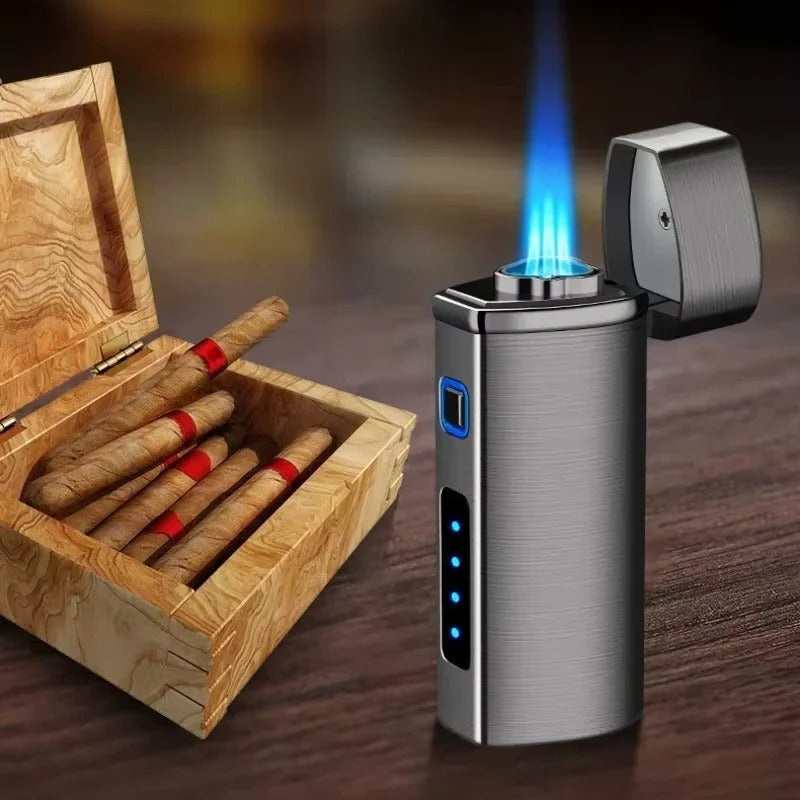 Rechargeable triple jet flame lighter, brushed metal finish with blue flame and glowing blue bars.