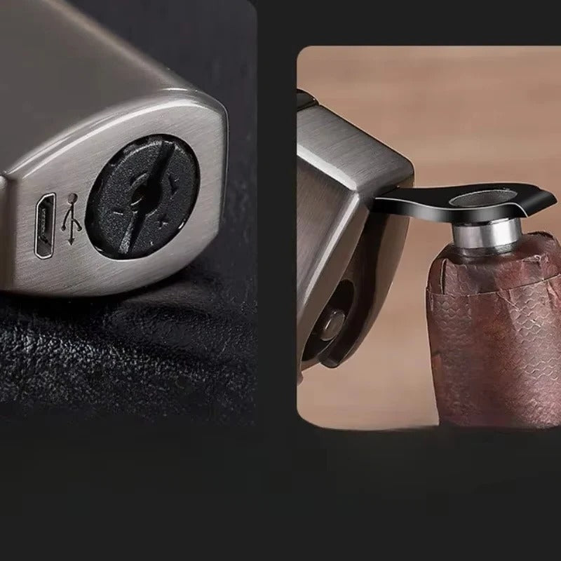 Rechargeable triple jet flame lighter close-up showing side button and hinged top.