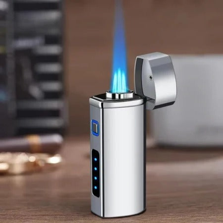Rechargeable triple jet flame lighter, white body with blue flame and blue indicator lights.