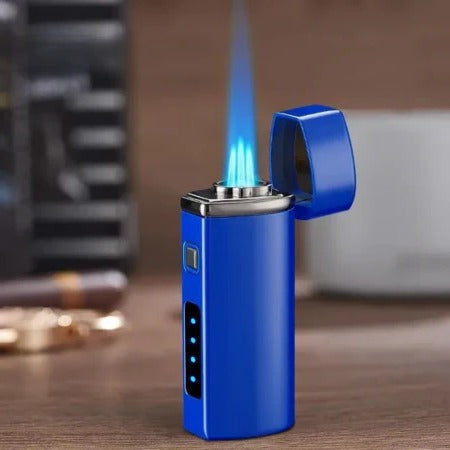 Rechargeable triple jet flame lighter, blue body with blue flame and blue indicator lights.
