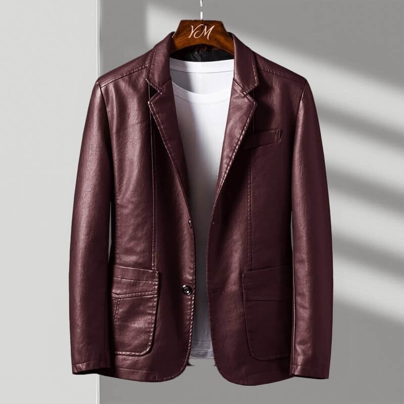 Men's tailored button jacket in deep maroon with notch lapels and chest pocket