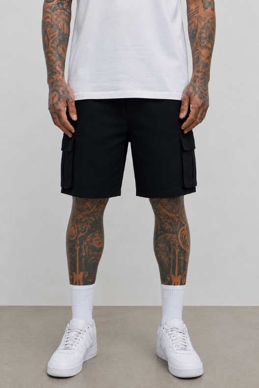 Black relaxed-fit cargo shorts with side flap pockets and knee-length hem.