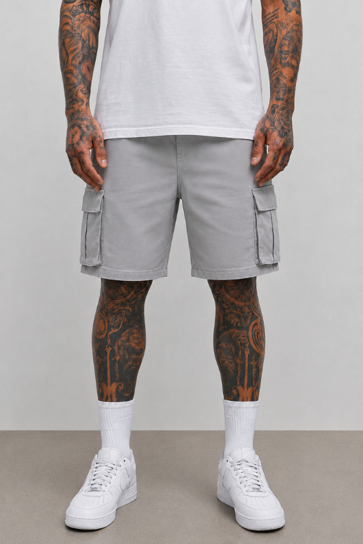 Light gray cargo shorts with side flap cargo pockets and relaxed fit.