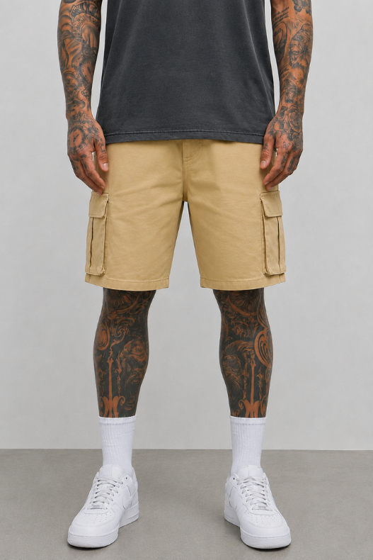 Khaki cargo shorts with side cargo flap pockets and relaxed knee-length hem.