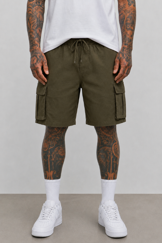 Olive cargo shorts with drawstring waist and side flap pockets, relaxed fit.