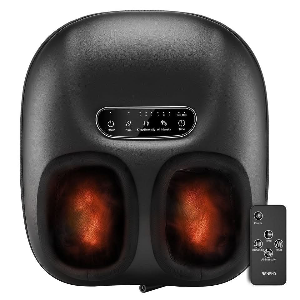 Black shiatsu foot massager with heat, oval base and glowing massage rollers