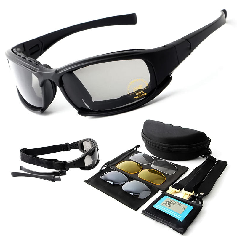 Black motorcycle sunglasses with wrap frames, adjustable strap, and protective carrying case