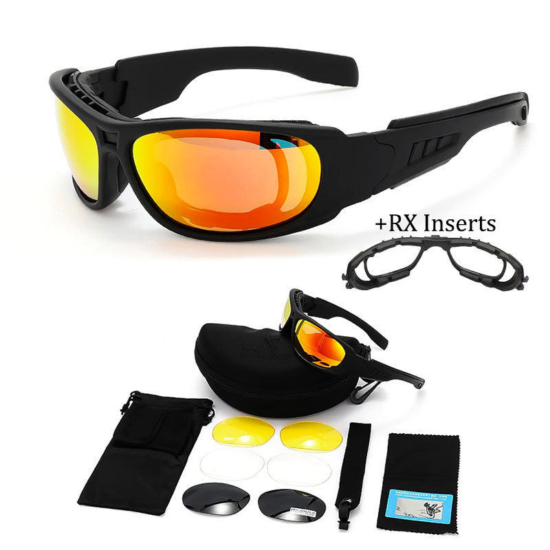 Black motorcycle sunglasses kit with orange mirrored lens and RX insert accessories