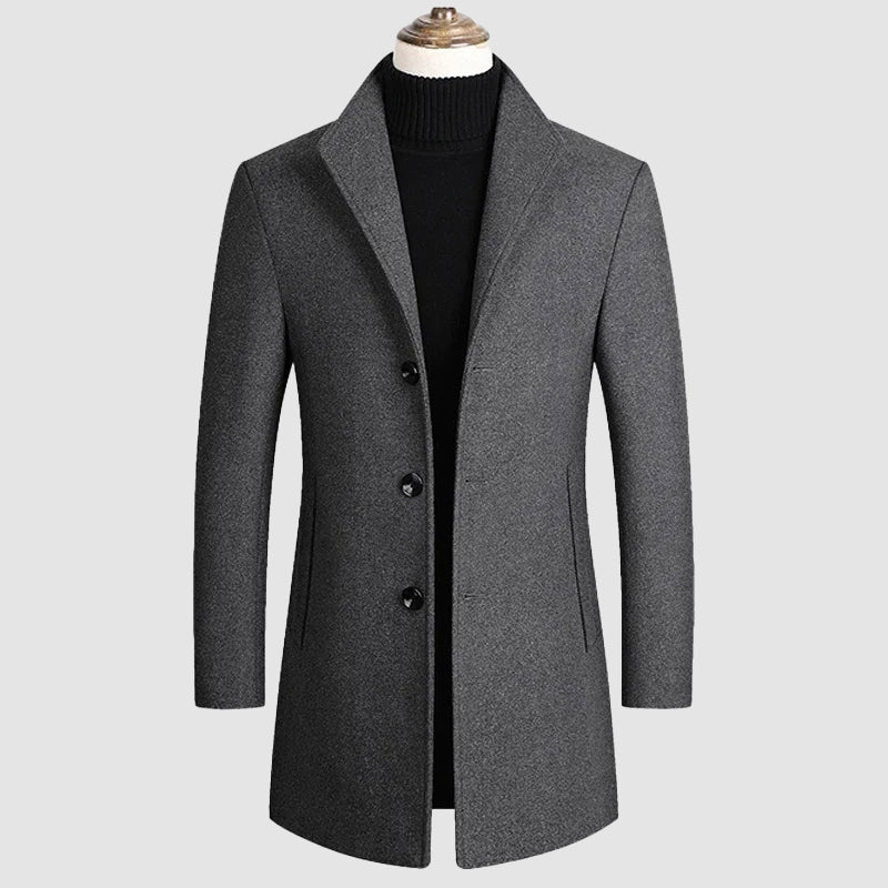 Classic cut layering overcoat, styled front view