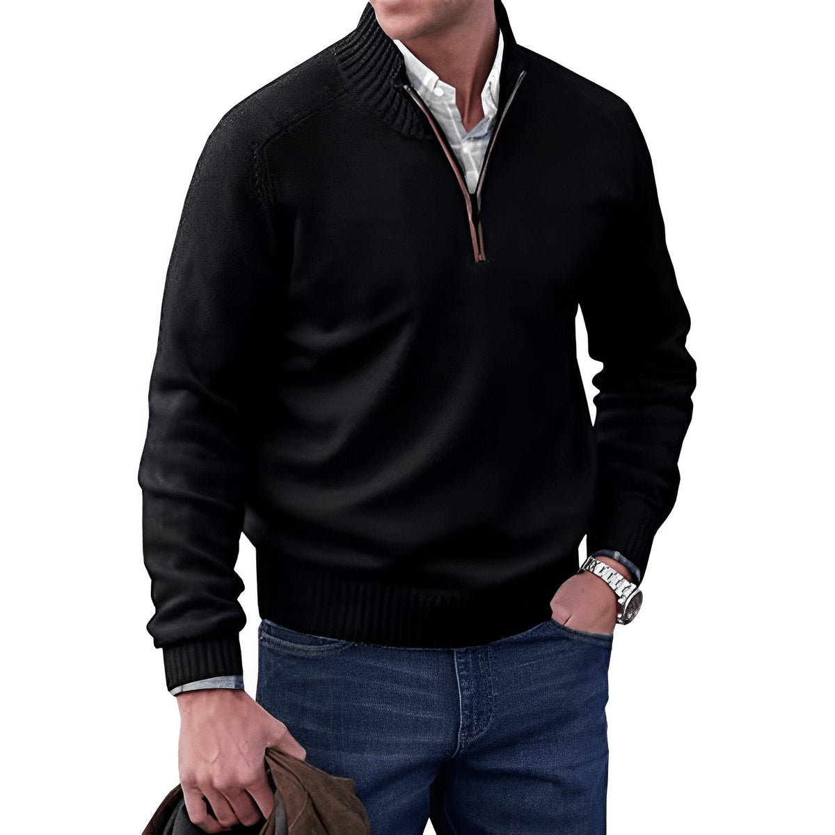 Men's quarter-zip raglan knit sweater in black, ribbed cuffs and hem.