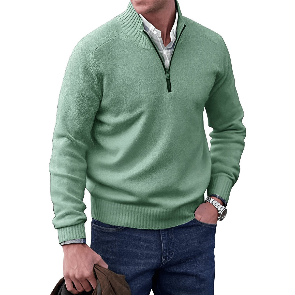 Men's quarter-zip raglan knit sweater in green, ribbed cuffs and hem.