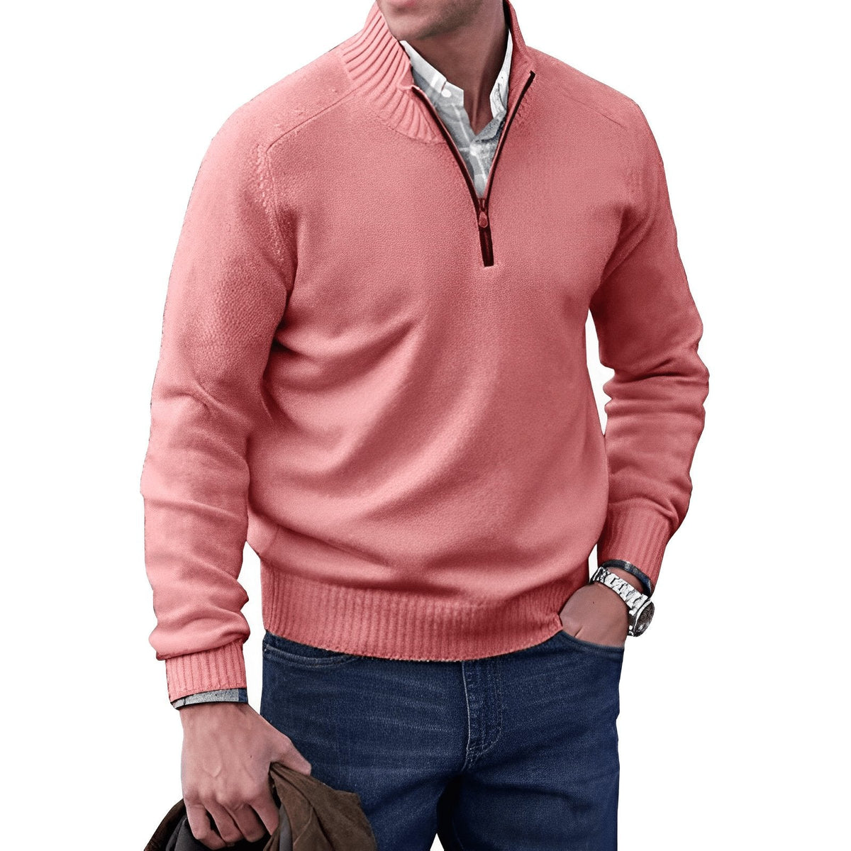 Men's quarter-zip raglan knit sweater in pink, ribbed cuffs and hem.