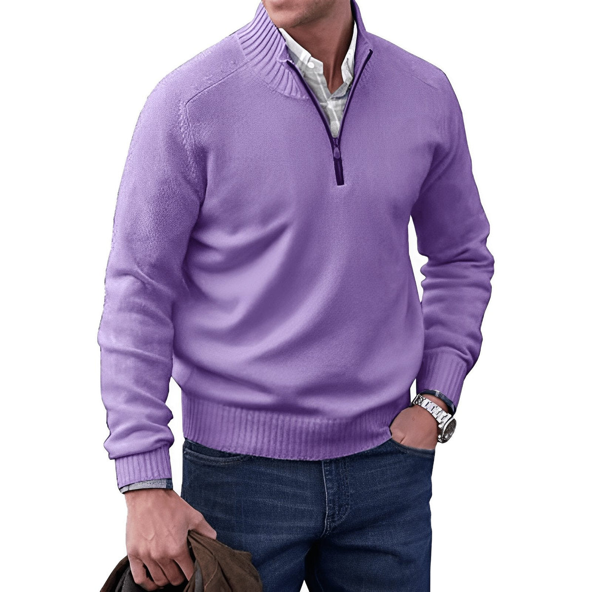 Men's quarter-zip raglan knit sweater in light purple, ribbed cuffs and hem.
