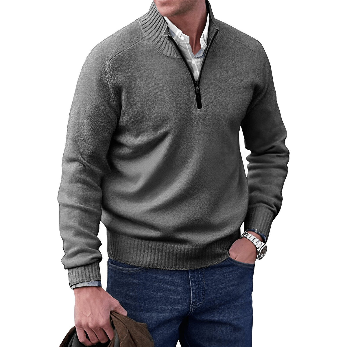 Men's quarter-zip raglan knit sweater in dark gray, ribbed cuffs and hem.