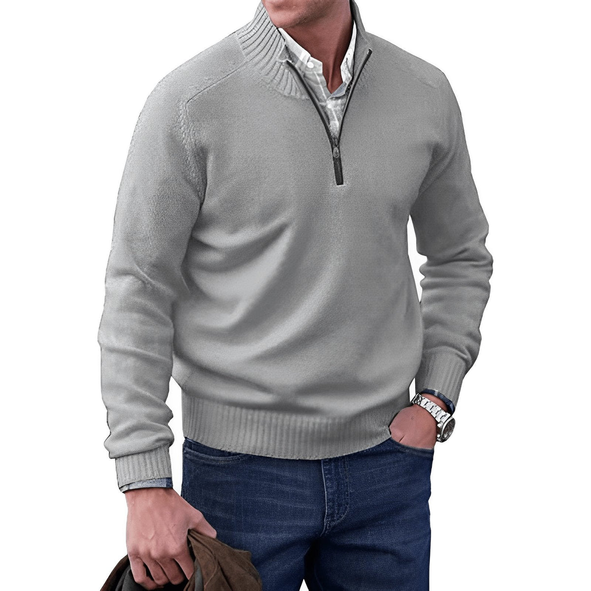 Men's quarter-zip raglan knit sweater in light gray, ribbed cuffs and hem.