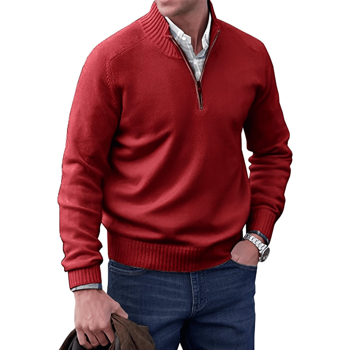 Men's quarter-zip raglan knit sweater in red, ribbed cuffs and hem.