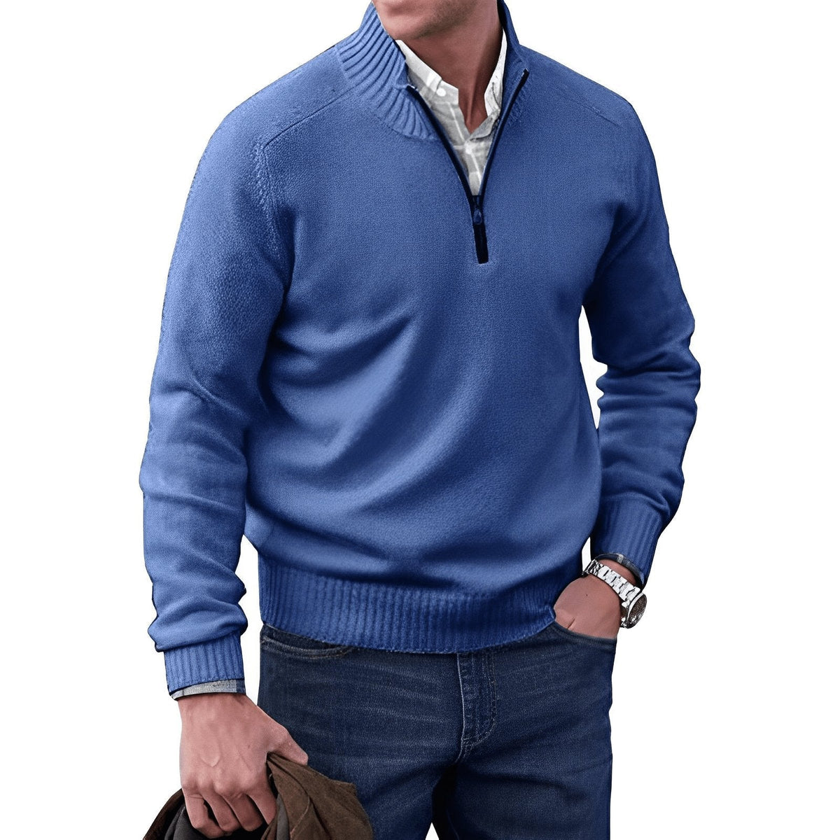 Men's quarter-zip raglan knit sweater in blue, ribbed cuffs and hem.