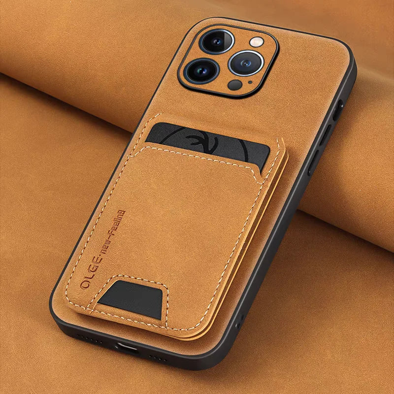 Burnt orange suede leather phone case with card holder pocket and stitched details