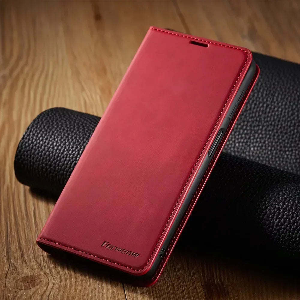 Magnetic leather wallet phone case; red flip cover with stitched edges