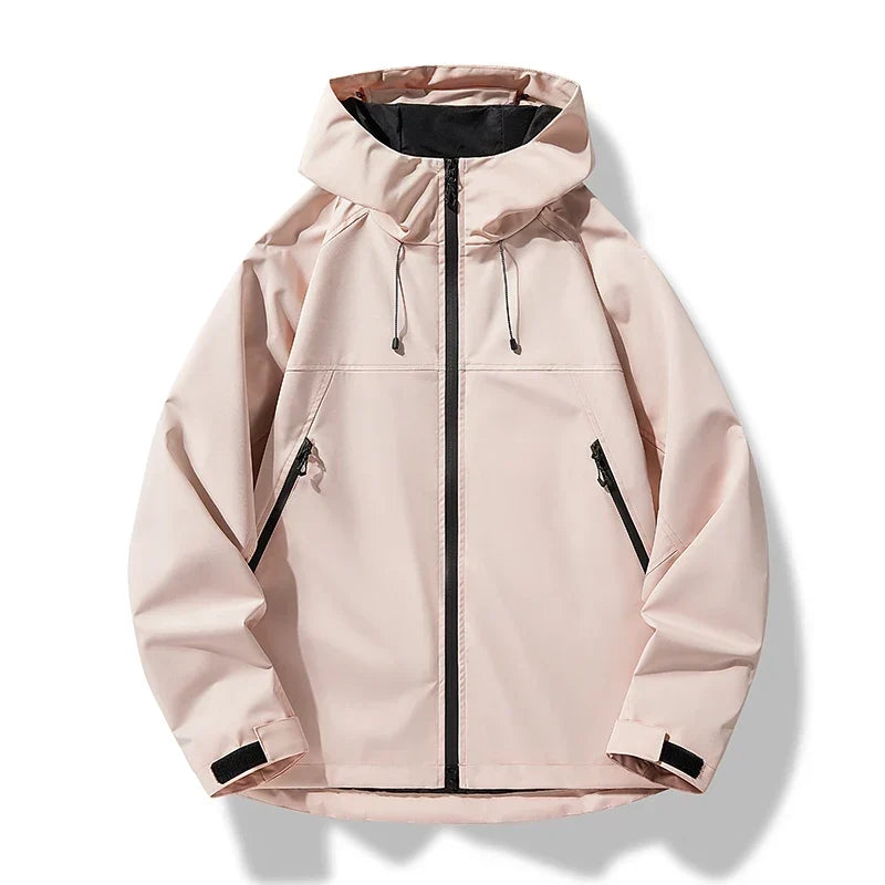 Men's adjustable hooded shell jacket in light pink, full-zip with drawstring hood and pockets.