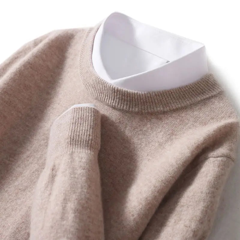 Men's ribbed crew neck sweater in khaki, with ribbed collar and sleeve cuffs.