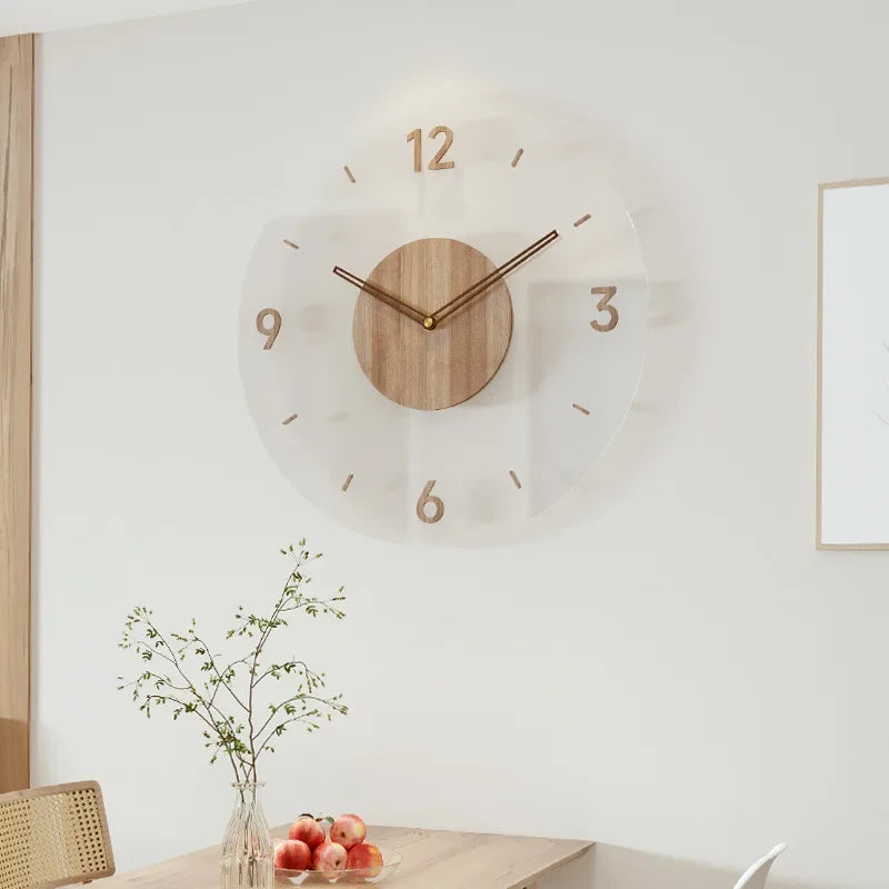 Minimalist solid wood wall clock with wooden dial, gold-tone hands, and hour numerals