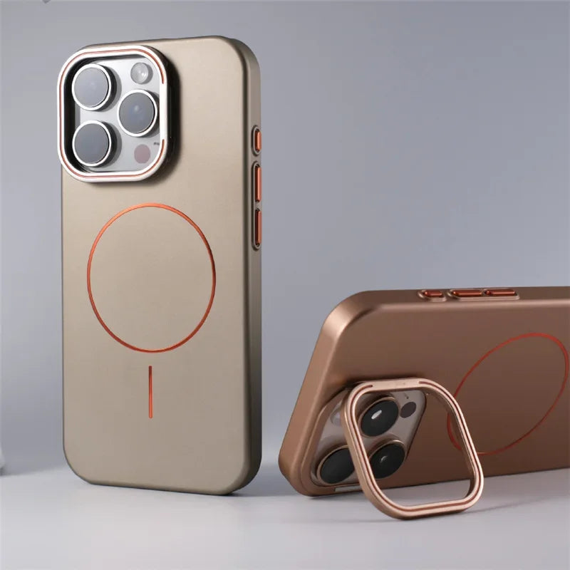 Matte hard shell phone case in bronze and rose gold, showing circular ring and camera frame