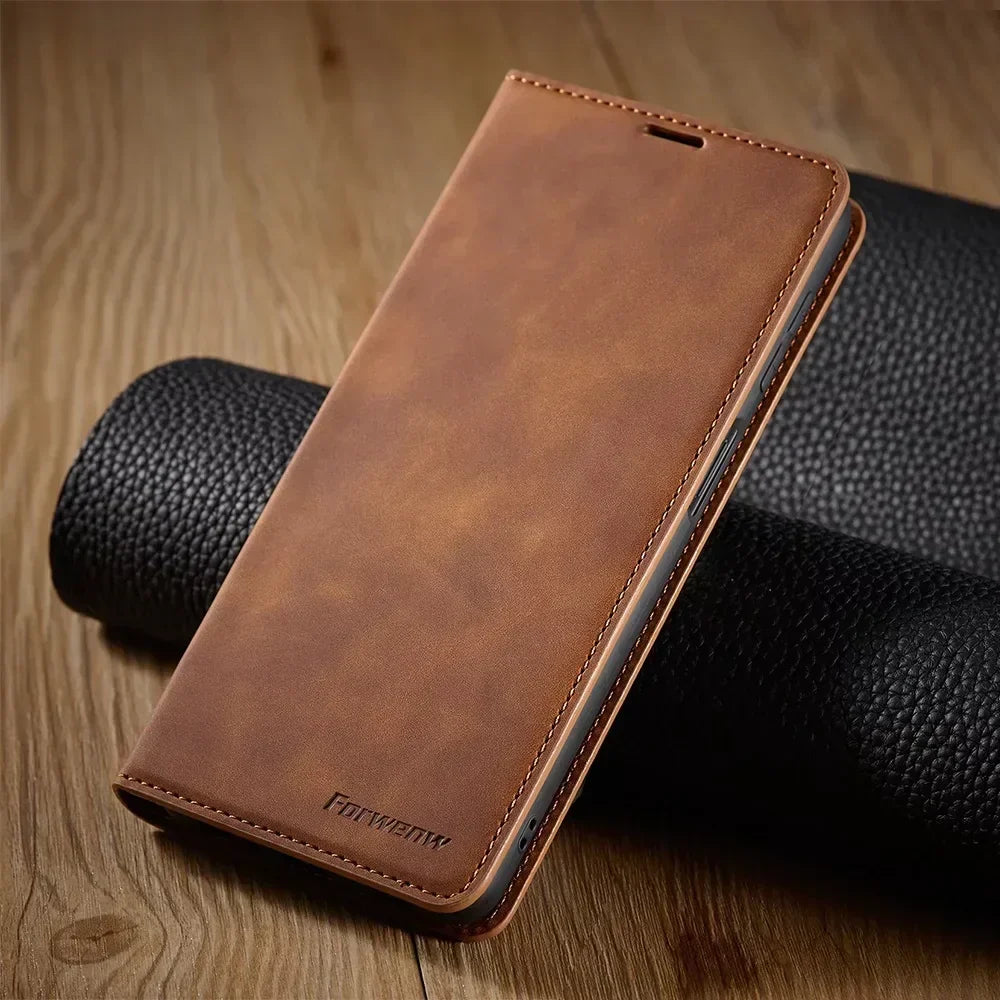 Magnetic leather wallet phone case; tan-brown flip cover with stitched edges