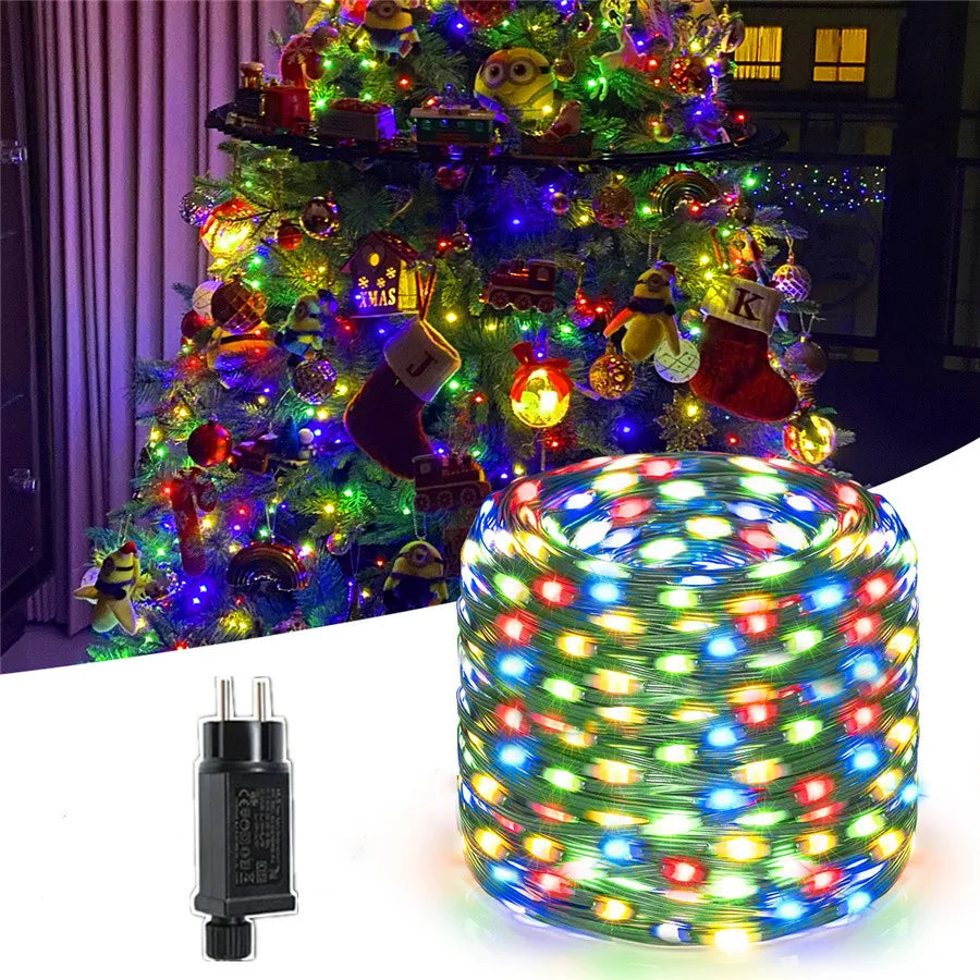 Multicolor LED rope string lights with power adapter, used for holiday decor