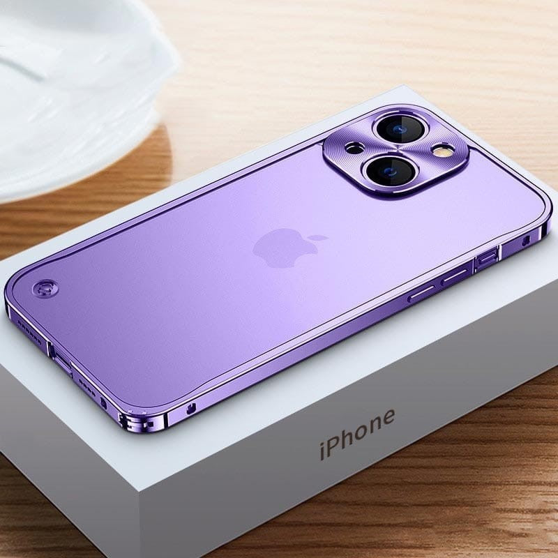 Purple aluminum CNC iPhone case with camera cutout and metal side accents