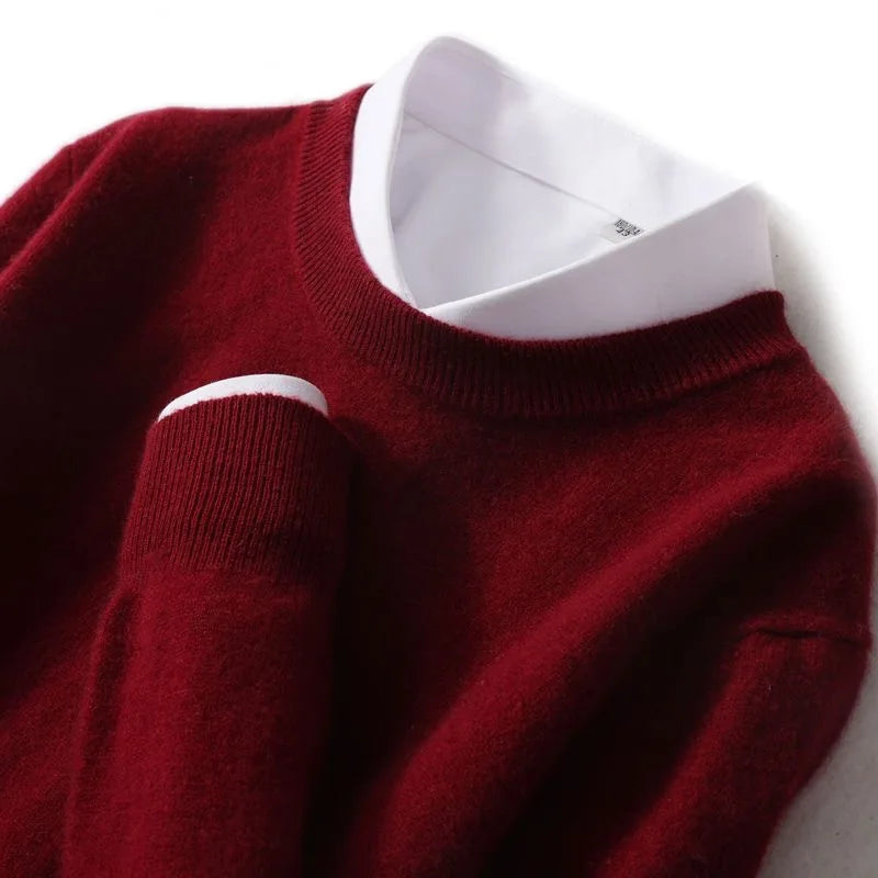 Men's ribbed crew neck sweater in burgundy, with ribbed neckline and cuffs.