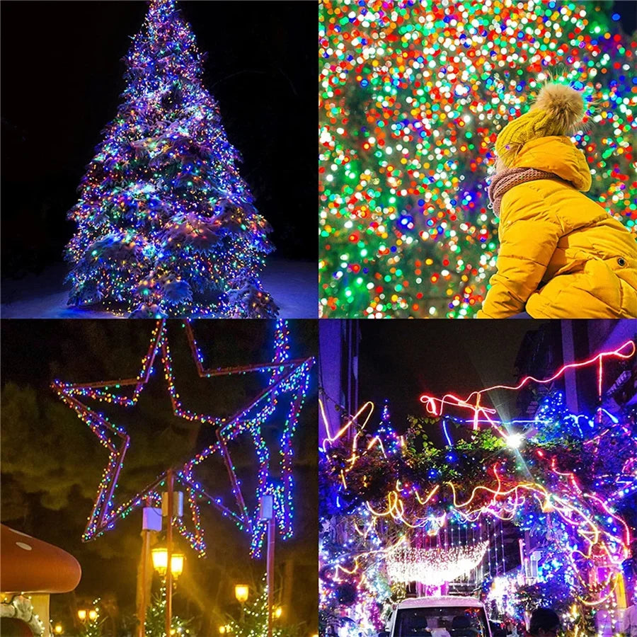 Outdoor multicolor LED string lights decorating trees, star shapes, and railings