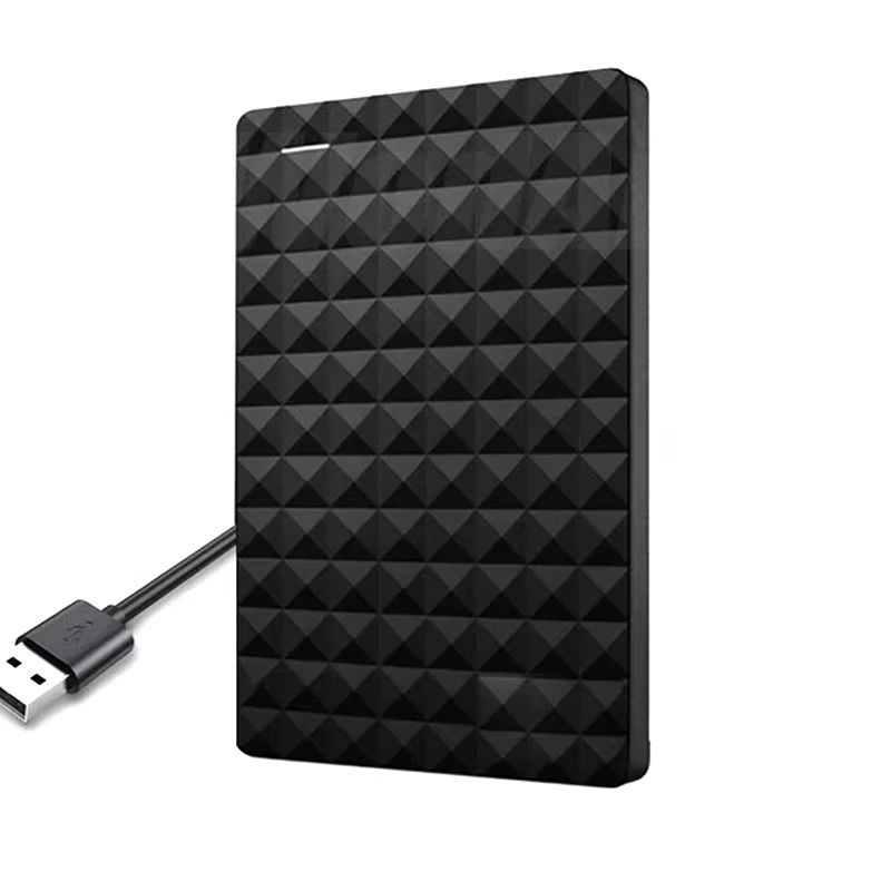 Black external hard drive with textured geometric face and USB-A cable