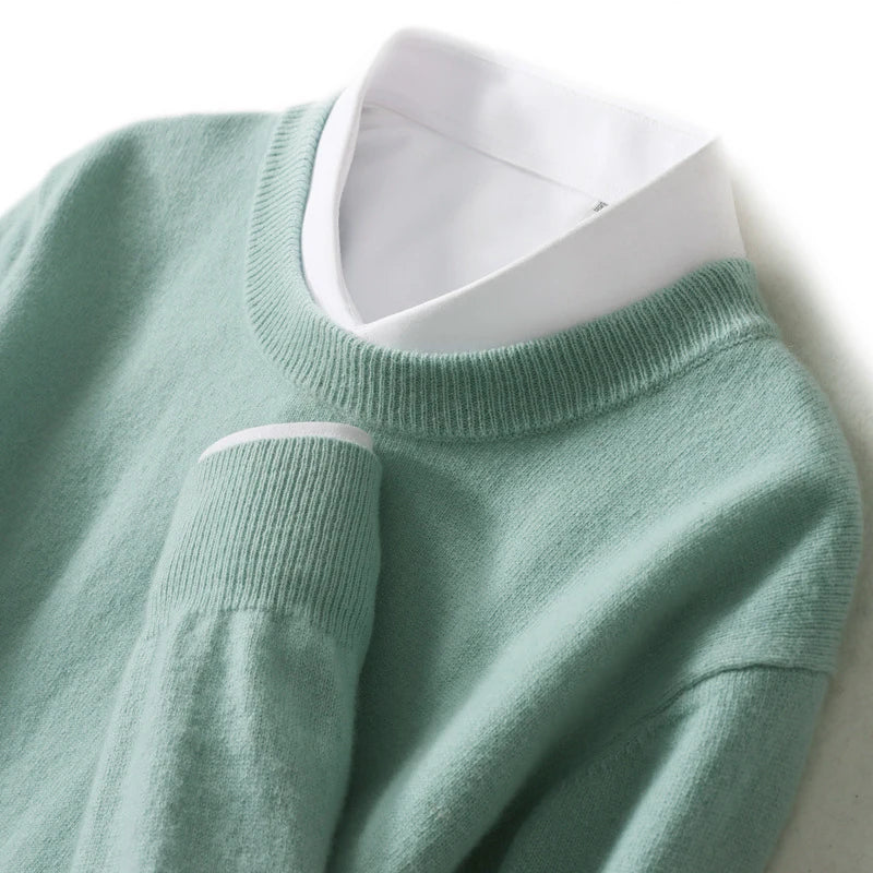 Men's ribbed crew neck sweater in mint green, featuring ribbed collar and cuffs.