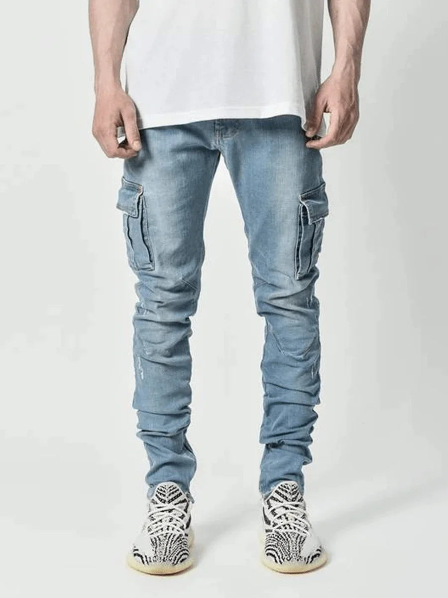 Tapered slim cargo pants, styled front view