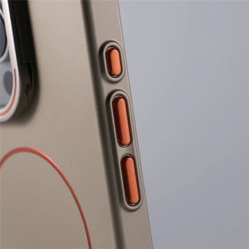 Matte hard shell phone case in bronze, close-up of side button and port cutouts