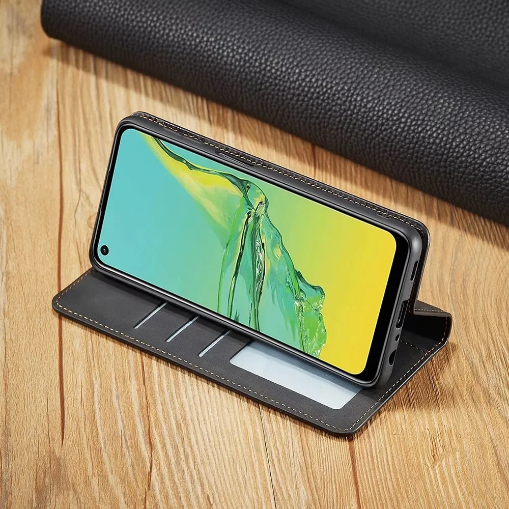 Magnetic leather wallet phone case; black with card slot and flip cover, shown open