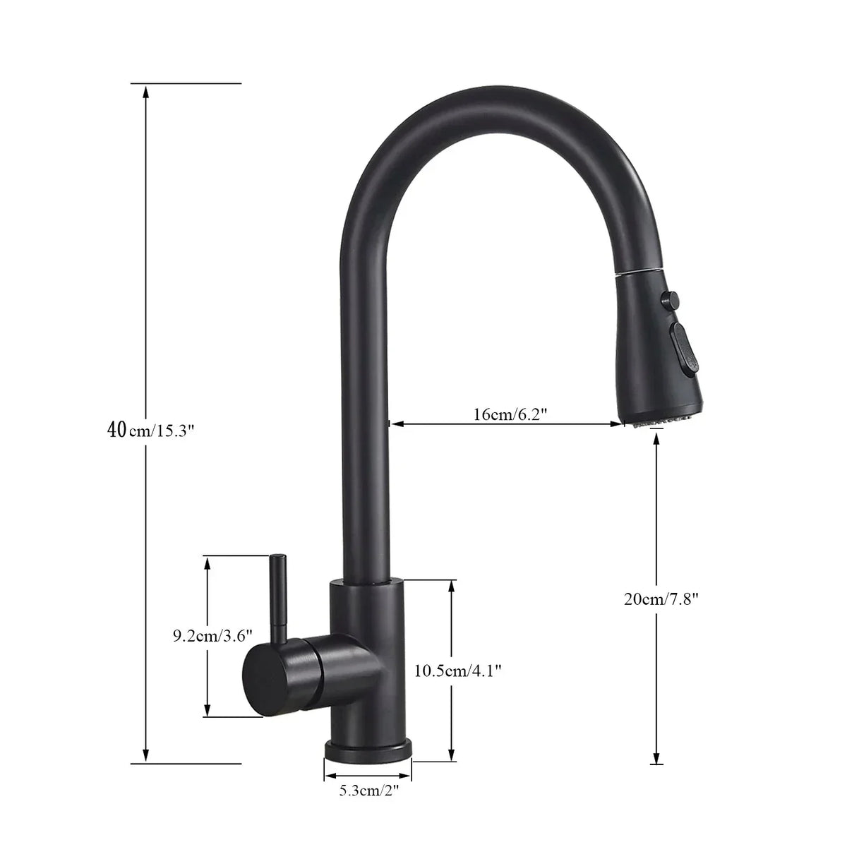 Black kitchen faucet with measurements on a white background