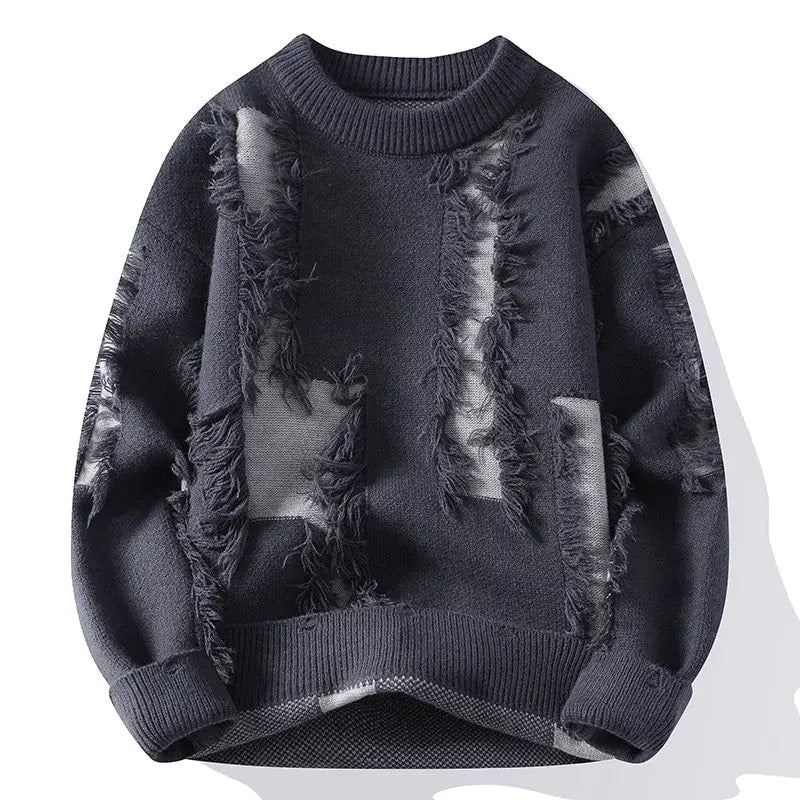 Textured frayed crewneck sweater, worn side view