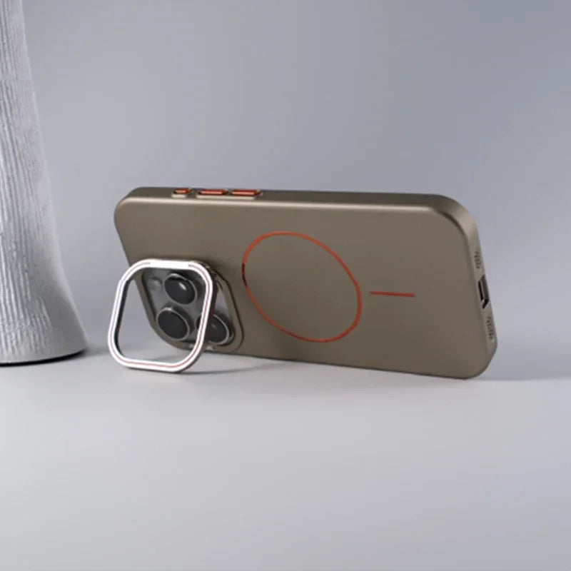 Matte hard shell phone case in bronze, side view with circular ring and camera lens cover