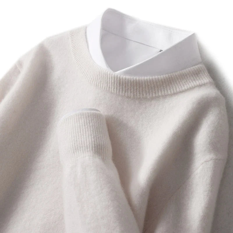 Men's ribbed crew neck sweater in white, featuring a ribbed neckline and cuffs.