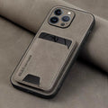 Stone gray suede leather phone case with card holder pocket and stitched details