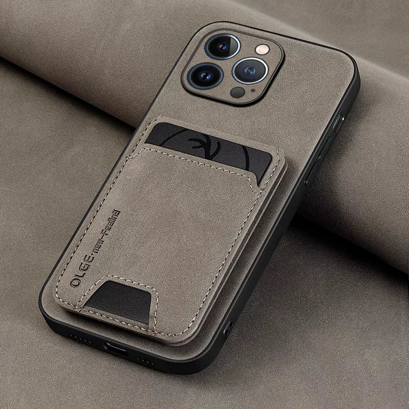 Stone gray suede leather phone case with card holder pocket and stitched details