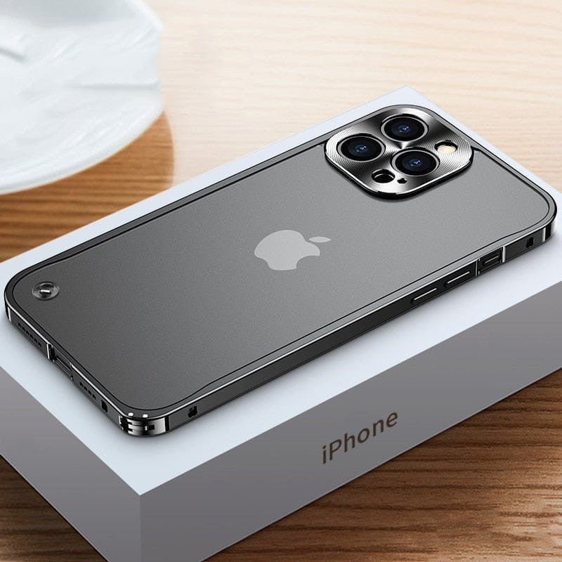 Dark gray aluminum CNC iPhone case with camera cutout and protective bumper