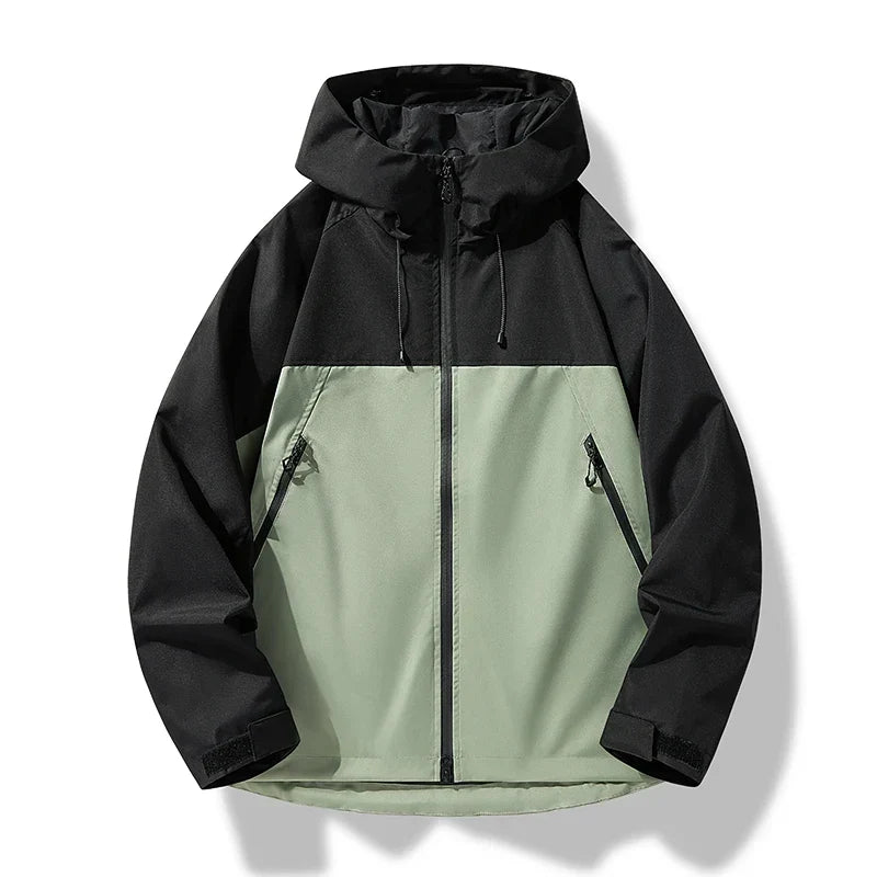Men's adjustable hooded shell jacket in black with mint panel, full-zip and drawstring hood.